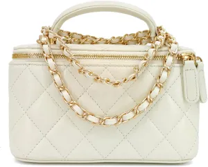 Small Genuine Leather Purse Quilted Crossbody Bag for Women, Mini Top-Handle Shoulder Handbag w/Gold Chain Strap