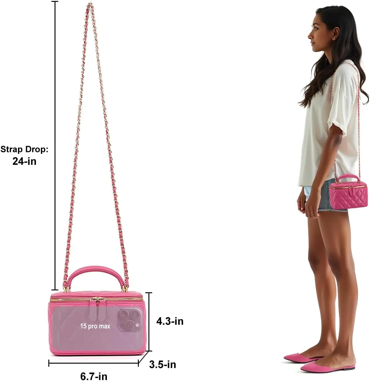 Small Genuine Leather Purse Quilted Crossbody Bag for Women, Mini Top-Handle Shoulder Handbag w/Gold Chain Strap