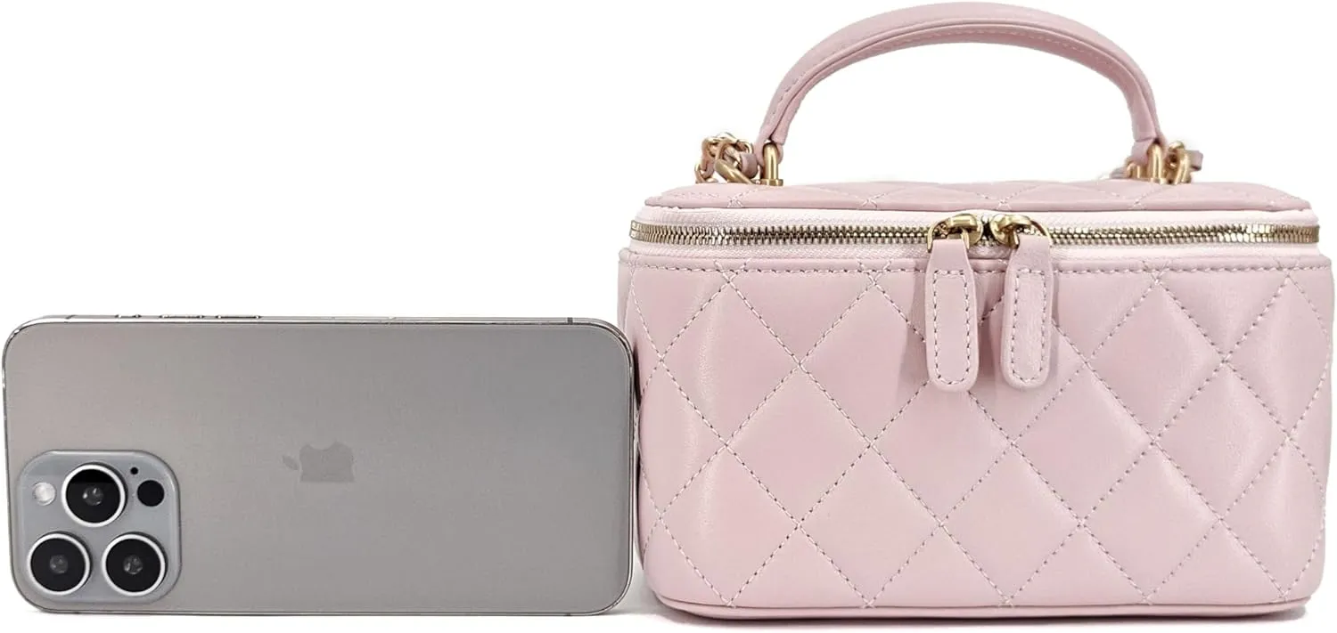 Small Genuine Leather Purse Quilted Crossbody Bag for Women, Mini Top-Handle Shoulder Handbag w/Gold Chain Strap