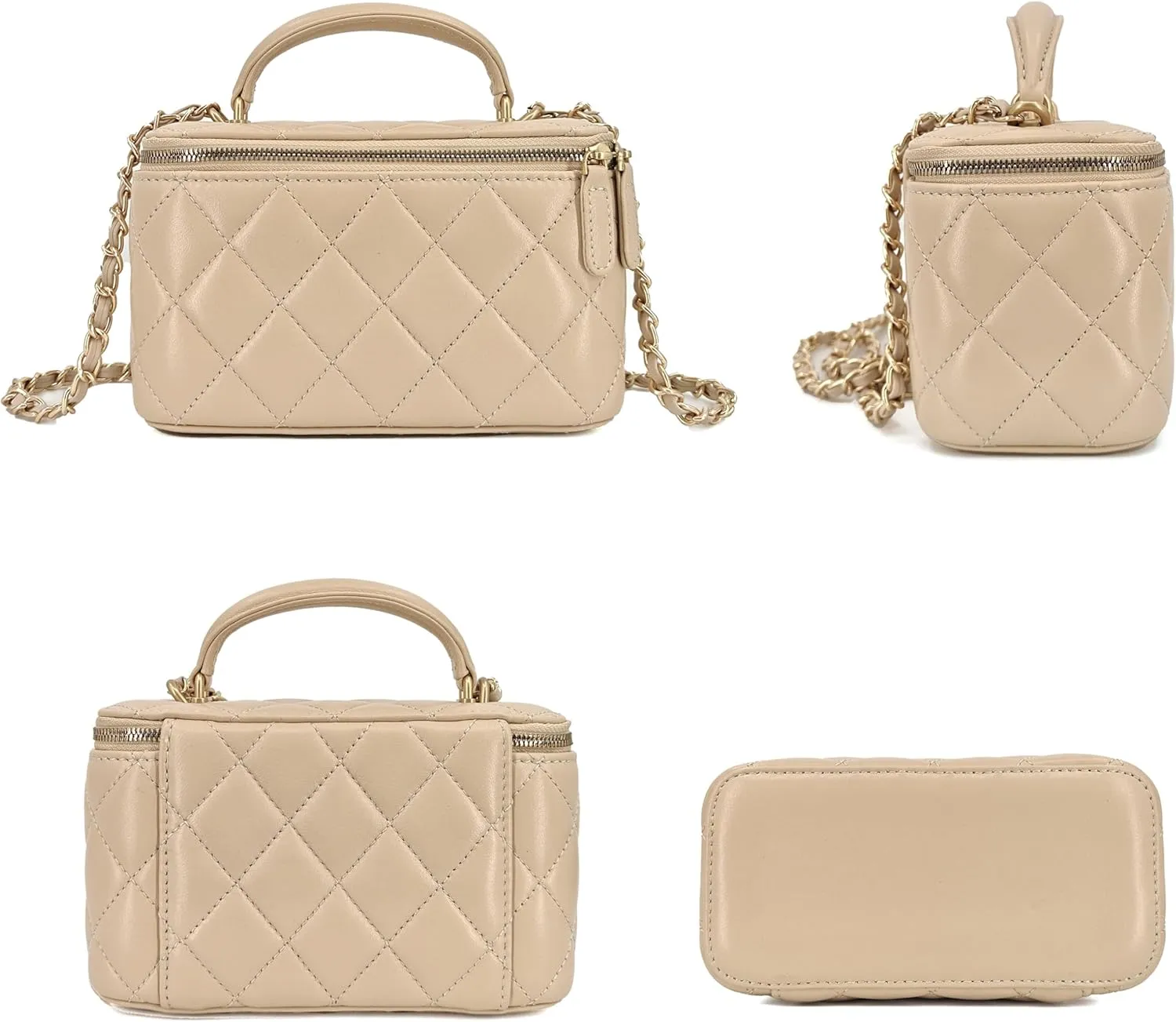 Small Genuine Leather Purse Quilted Crossbody Bag for Women, Mini Top-Handle Shoulder Handbag w/Gold Chain Strap