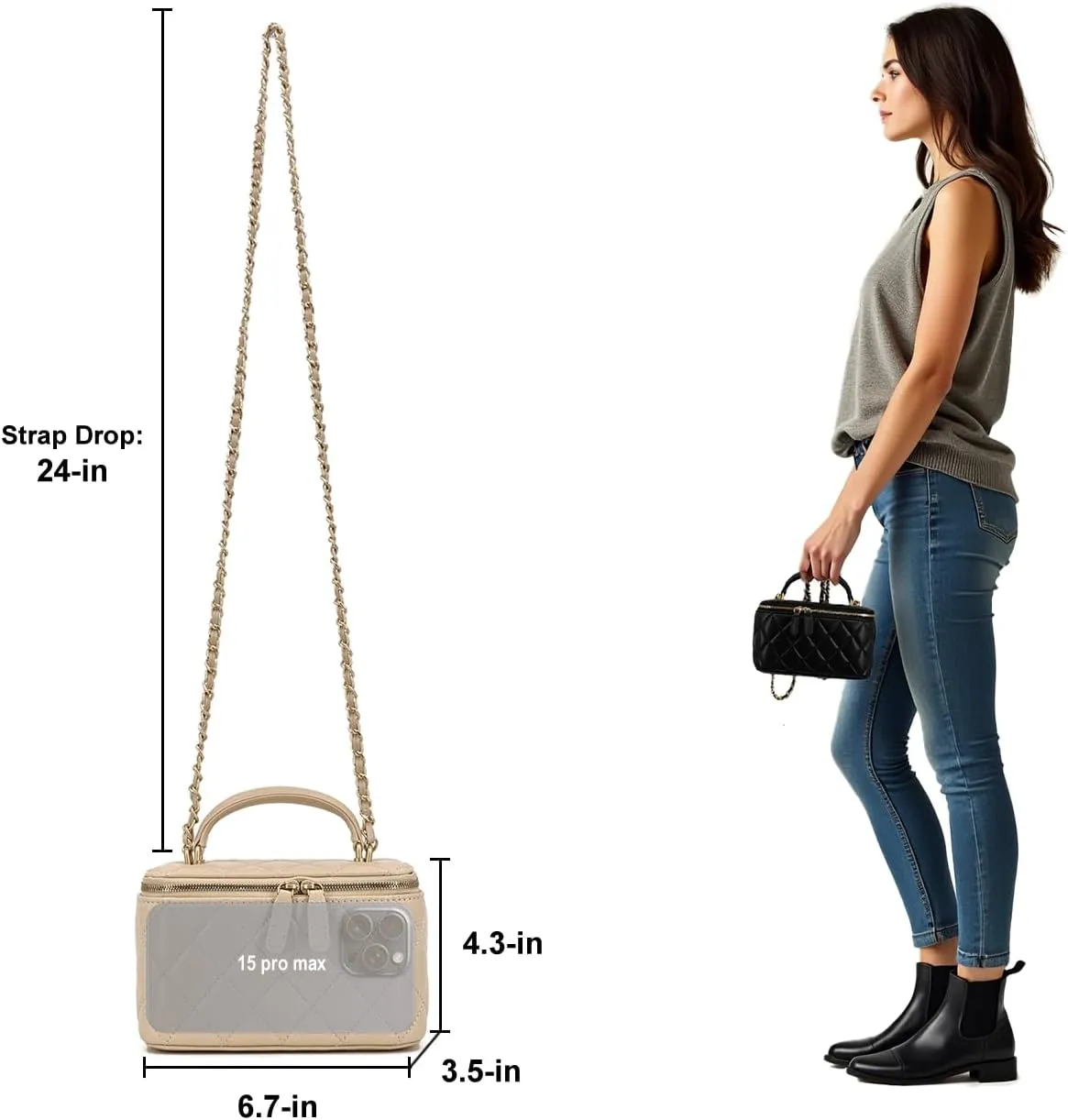 Small Genuine Leather Purse Quilted Crossbody Bag for Women, Mini Top-Handle Shoulder Handbag w/Gold Chain Strap
