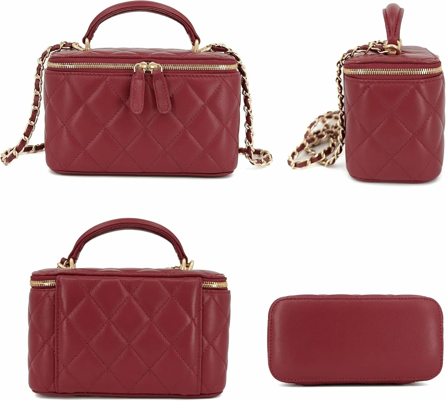 Small Genuine Leather Purse Quilted Crossbody Bag for Women, Mini Top-Handle Shoulder Handbag w/Gold Chain Strap