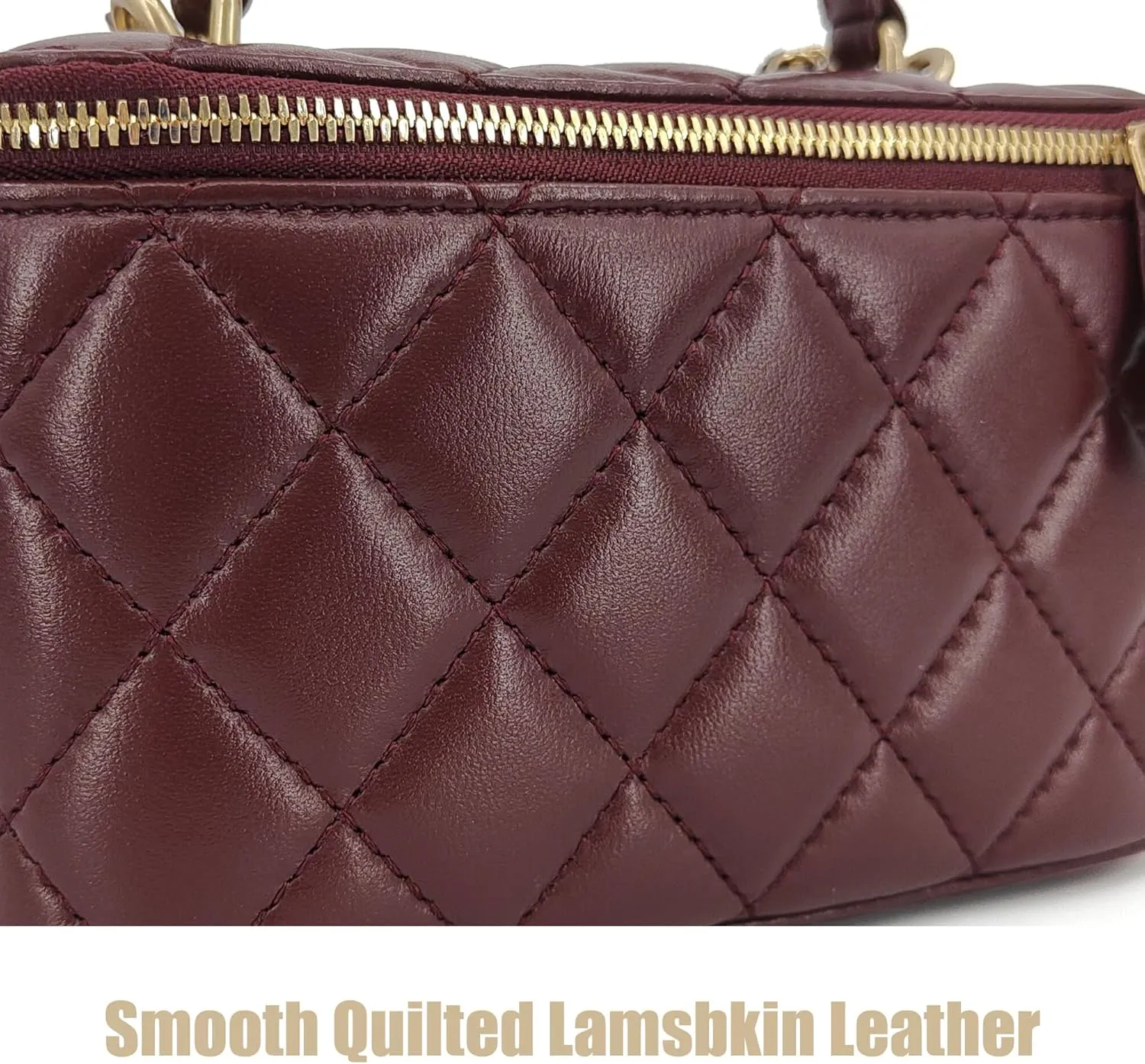 Small Genuine Leather Purse Quilted Crossbody Bag for Women, Mini Top-Handle Shoulder Handbag w/Gold Chain Strap