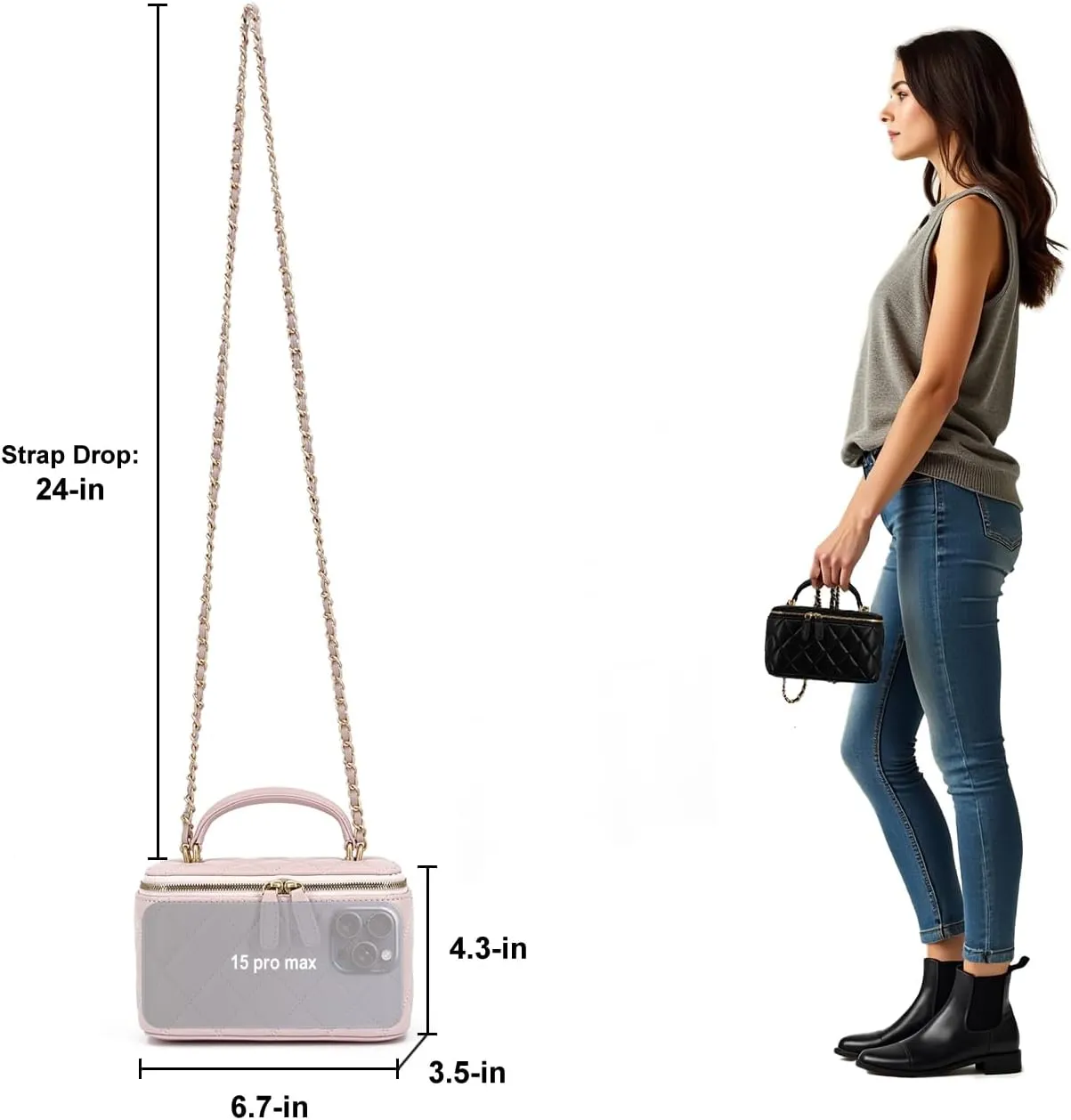 Small Genuine Leather Purse Quilted Crossbody Bag for Women, Mini Top-Handle Shoulder Handbag w/Gold Chain Strap