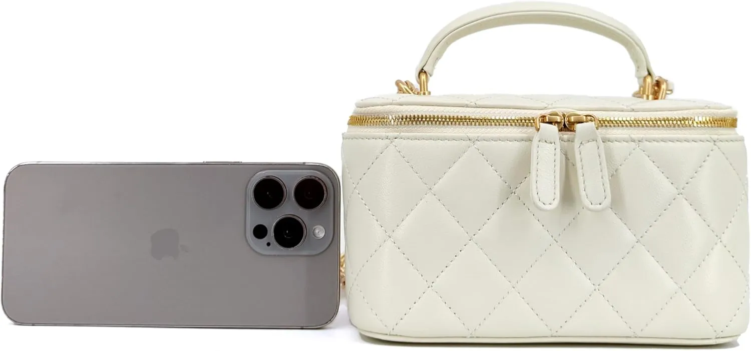 Small Genuine Leather Purse Quilted Crossbody Bag for Women, Mini Top-Handle Shoulder Handbag w/Gold Chain Strap
