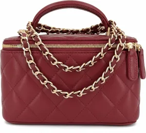 Small Genuine Leather Purse Quilted Crossbody Bag for Women, Mini Top-Handle Shoulder Handbag w/Gold Chain Strap