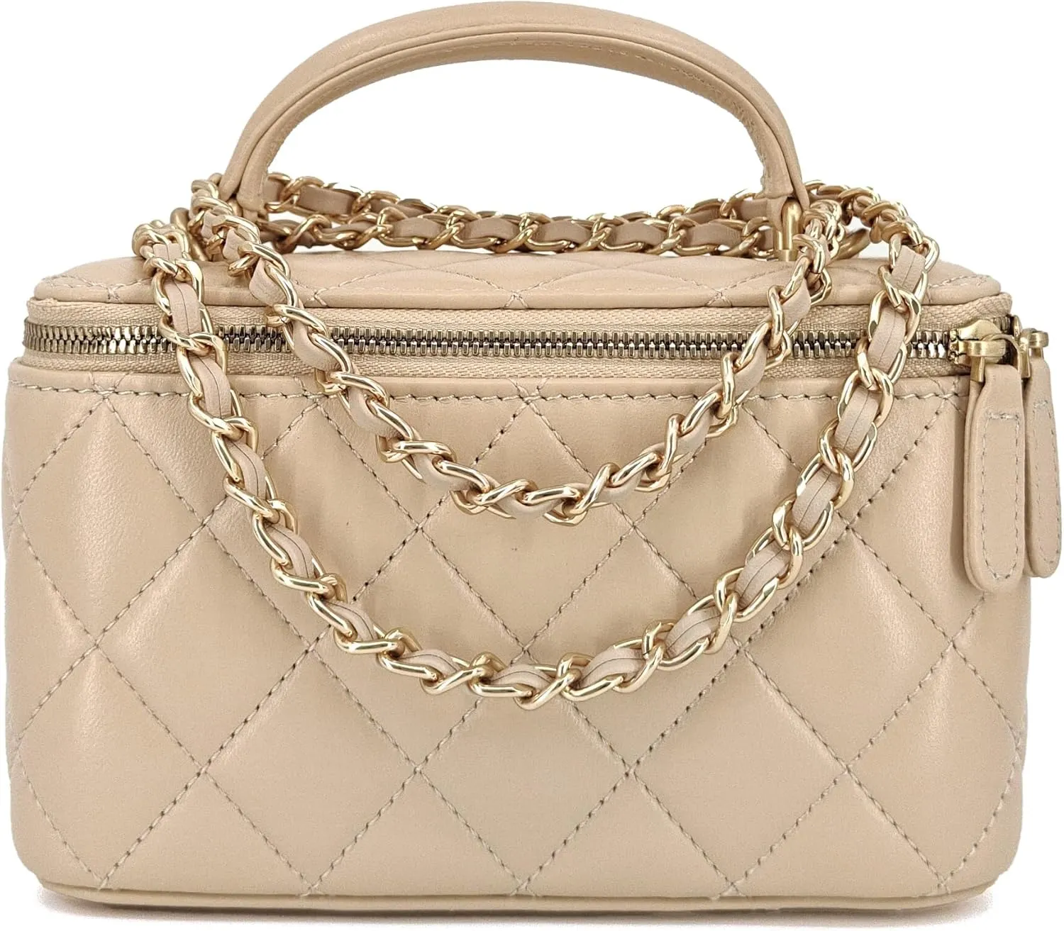 Small Genuine Leather Purse Quilted Crossbody Bag for Women, Mini Top-Handle Shoulder Handbag w/Gold Chain Strap