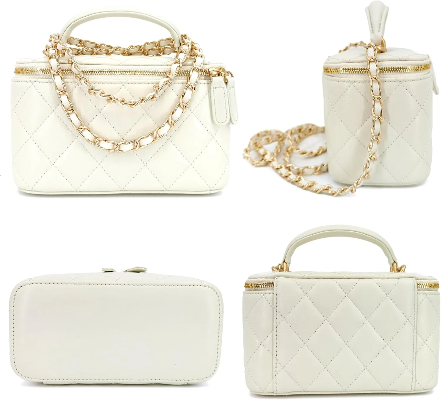 Small Genuine Leather Purse Quilted Crossbody Bag for Women, Mini Top-Handle Shoulder Handbag w/Gold Chain Strap