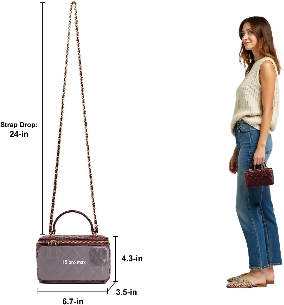 Small Genuine Leather Purse Quilted Crossbody Bag for Women, Mini Top-Handle Shoulder Handbag w/Gold Chain Strap