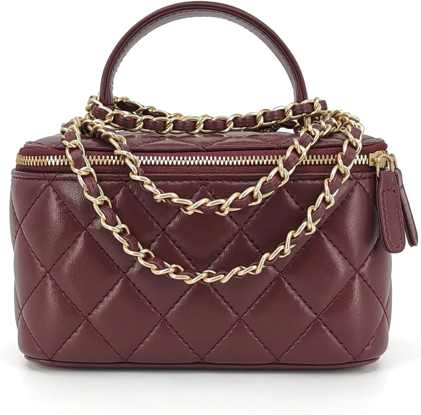 Small Genuine Leather Purse Quilted Crossbody Bag for Women, Mini Top-Handle Shoulder Handbag w/Gold Chain Strap