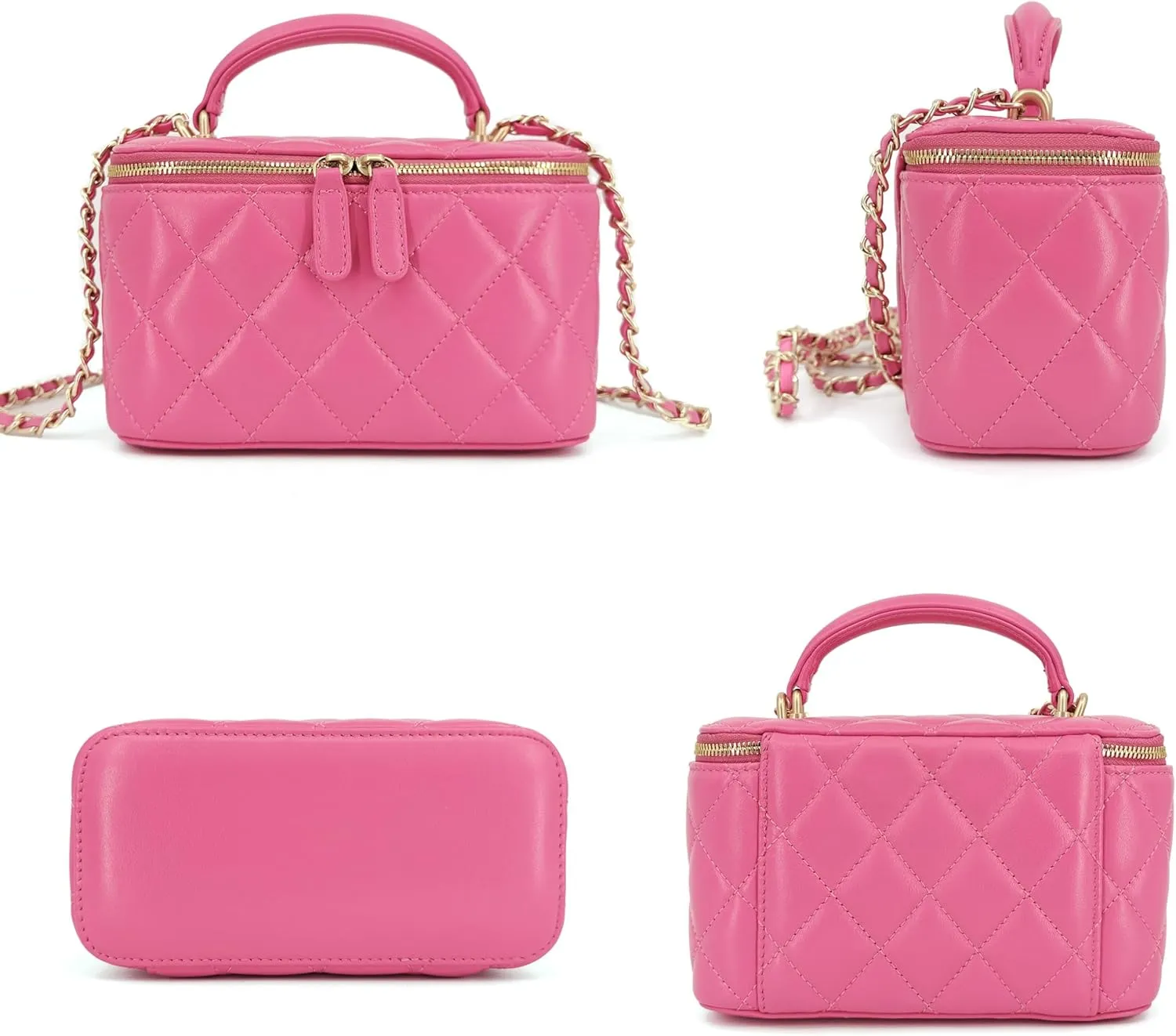 Small Genuine Leather Purse Quilted Crossbody Bag for Women, Mini Top-Handle Shoulder Handbag w/Gold Chain Strap