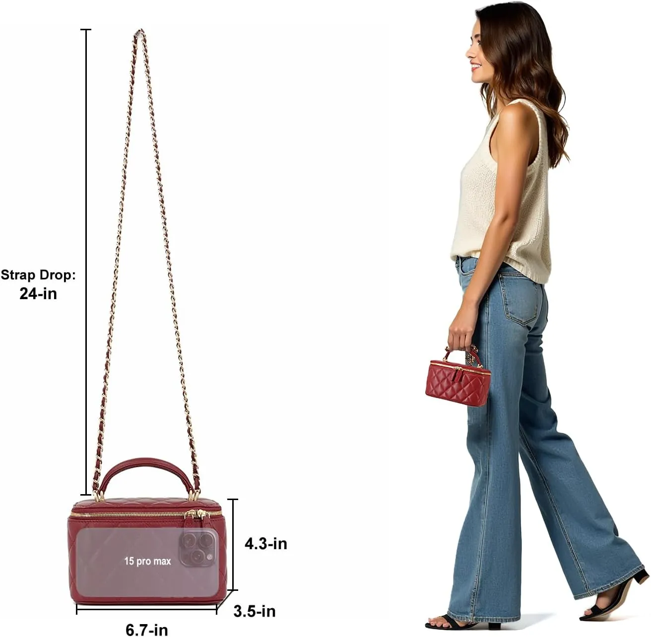 Small Genuine Leather Purse Quilted Crossbody Bag for Women, Mini Top-Handle Shoulder Handbag w/Gold Chain Strap