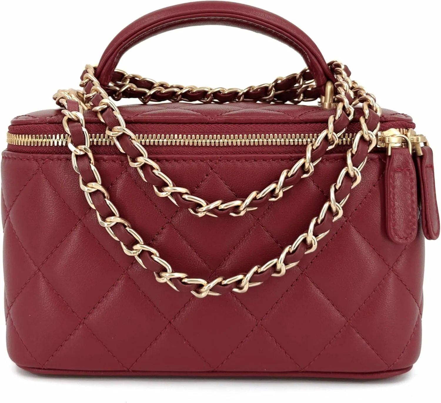 Small Genuine Leather Purse Quilted Crossbody Bag for Women, Mini Top-Handle Shoulder Handbag w/Gold Chain Strap
