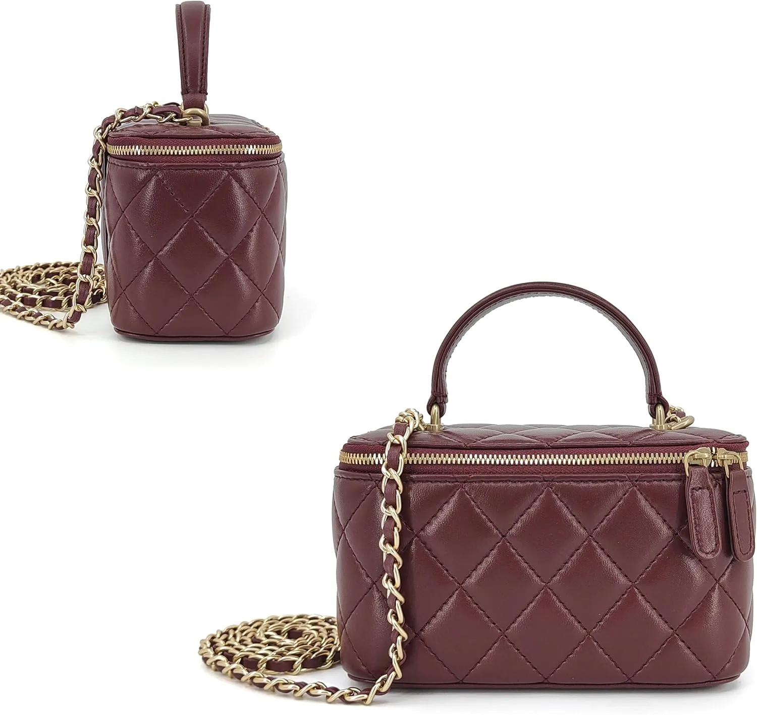 Small Genuine Leather Purse Quilted Crossbody Bag for Women, Mini Top-Handle Shoulder Handbag w/Gold Chain Strap