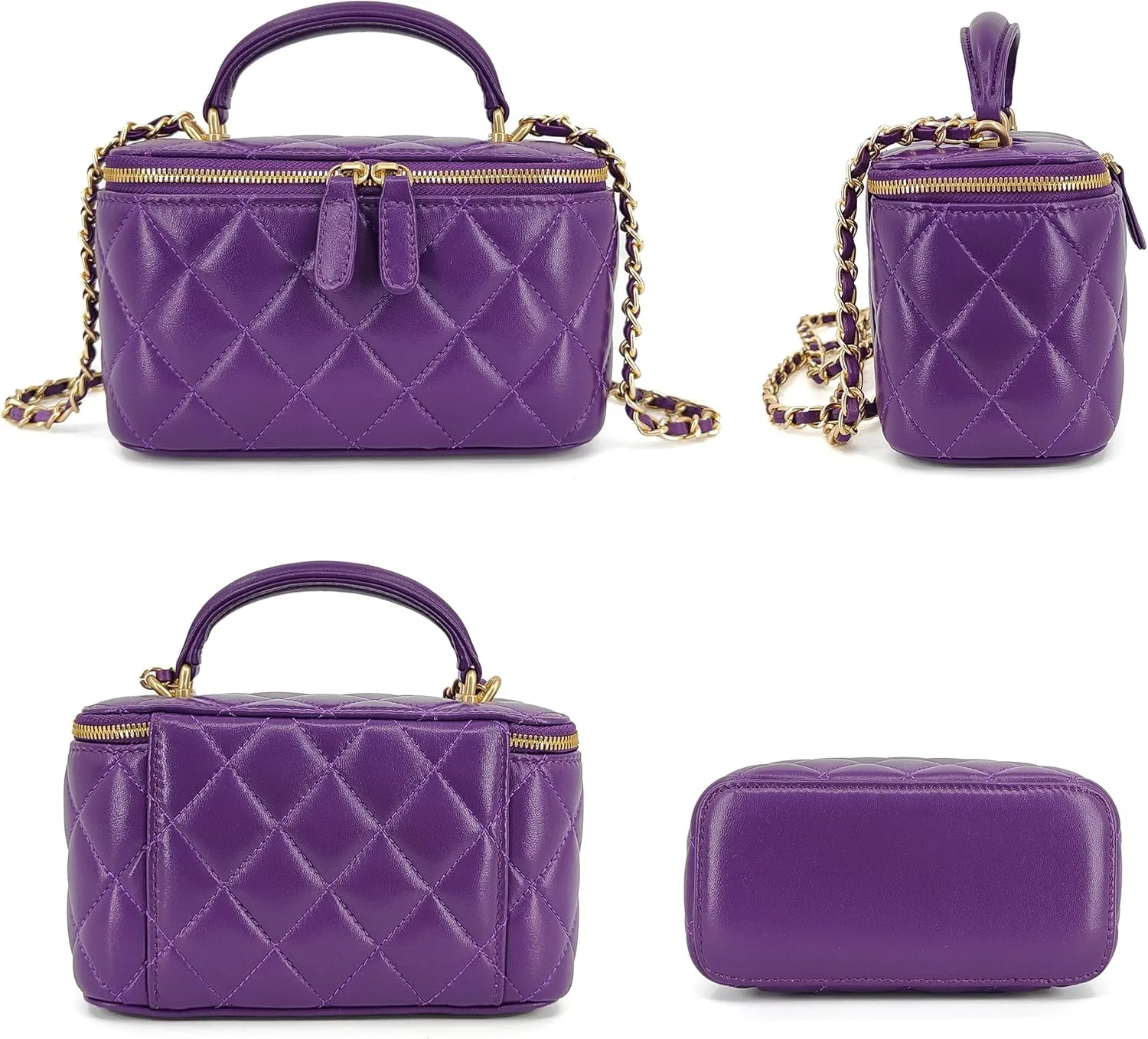 Small Genuine Leather Purse Quilted Crossbody Bag for Women, Mini Top-Handle Shoulder Handbag w/Gold Chain Strap