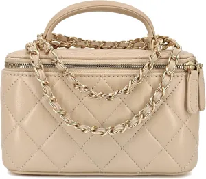 Small Genuine Leather Purse Quilted Crossbody Bag for Women, Mini Top-Handle Shoulder Handbag w/Gold Chain Strap
