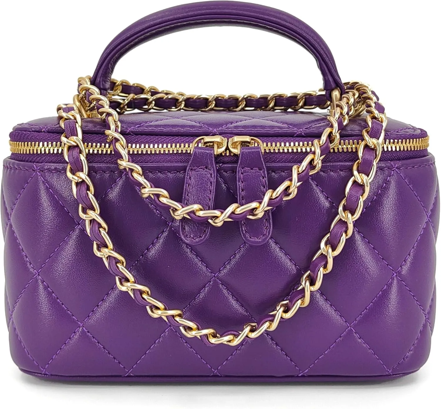 Small Genuine Leather Purse Quilted Crossbody Bag for Women, Mini Top-Handle Shoulder Handbag w/Gold Chain Strap