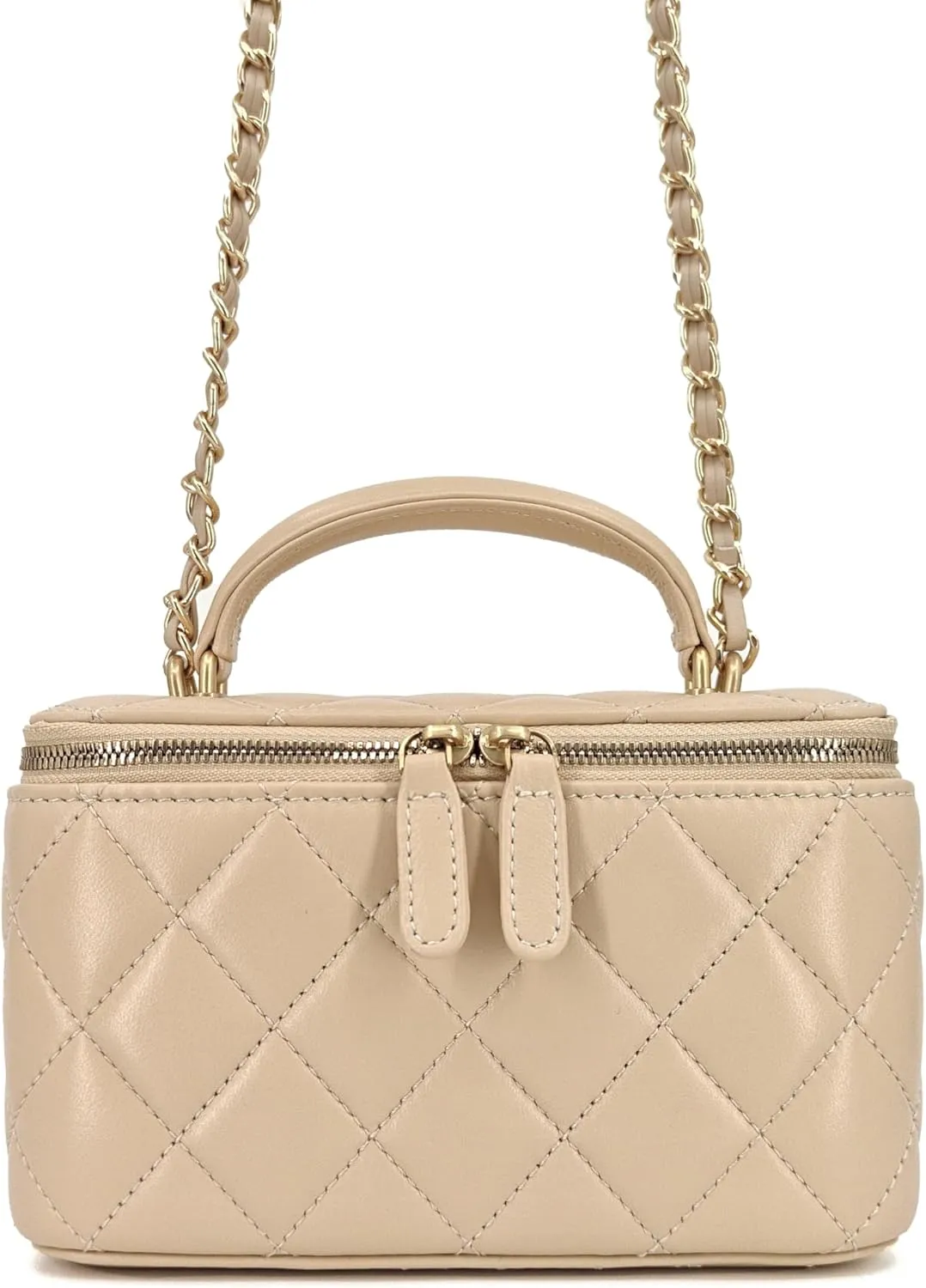 Small Genuine Leather Purse Quilted Crossbody Bag for Women, Mini Top-Handle Shoulder Handbag w/Gold Chain Strap
