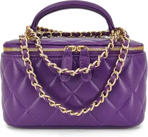 Small Genuine Leather Purse Quilted Crossbody Bag for Women, Mini Top-Handle Shoulder Handbag w/Gold Chain Strap