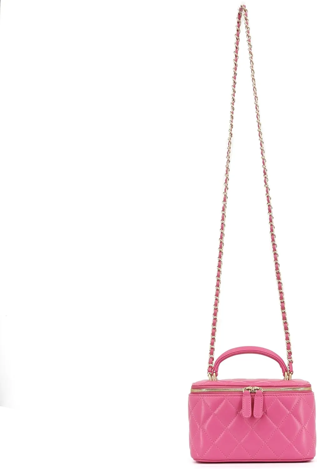 Small Genuine Leather Purse Quilted Crossbody Bag for Women, Mini Top-Handle Shoulder Handbag w/Gold Chain Strap