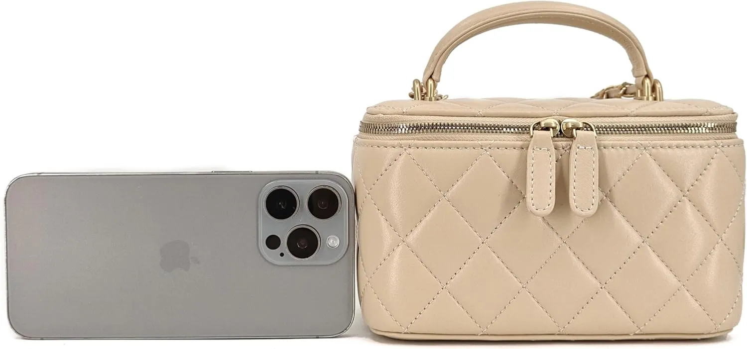 Small Genuine Leather Purse Quilted Crossbody Bag for Women, Mini Top-Handle Shoulder Handbag w/Gold Chain Strap