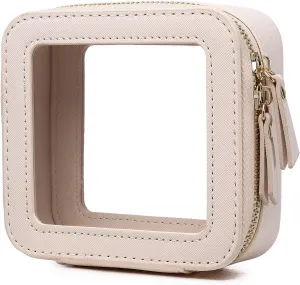 Small Makeup Bag Mini Clear Cosmetic Makeup Case & Toiletry Bag with Zipper Women's Purse Organizer & Car Essentials (Beige, MINI-1)