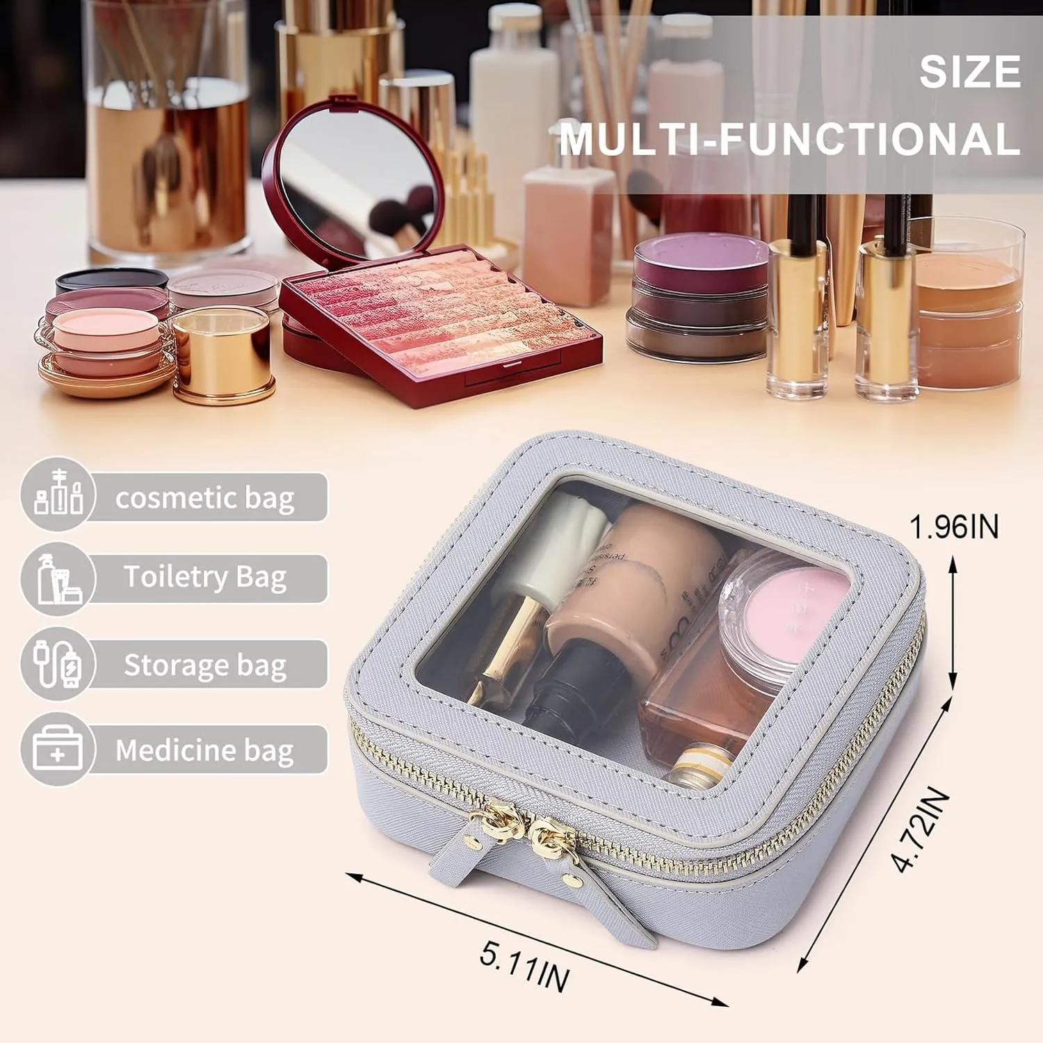 Small Makeup Bag Mini Clear Cosmetic Makeup Case & Toiletry Bag with Zipper Women's Purse Organizer & Car Essentials (Gray, MINI),