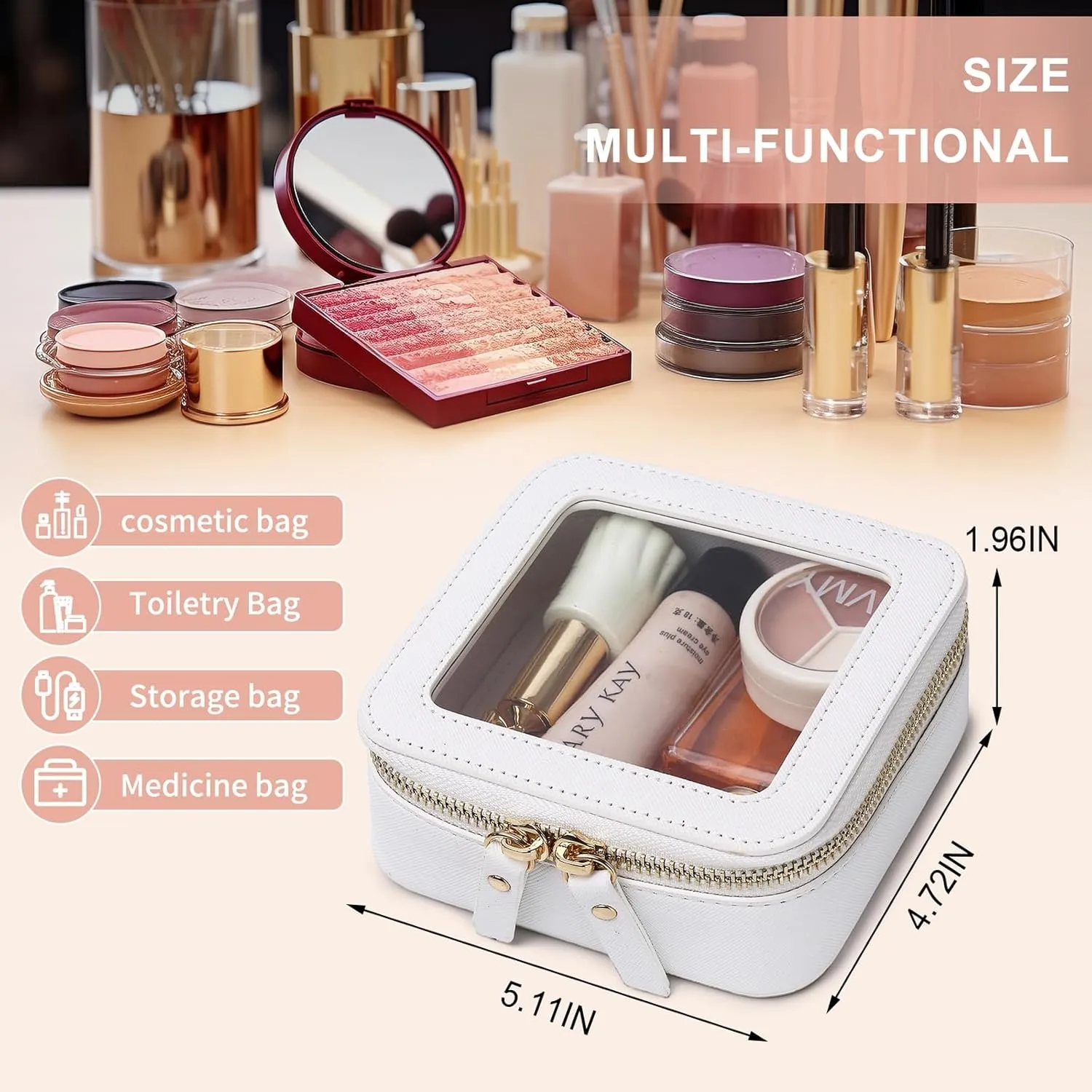Small Makeup Bag Mini Clear Cosmetic Makeup Case & Toiletry Bag with Zipper Women's Purse Organizer & Car Essentials (White, MINI)
