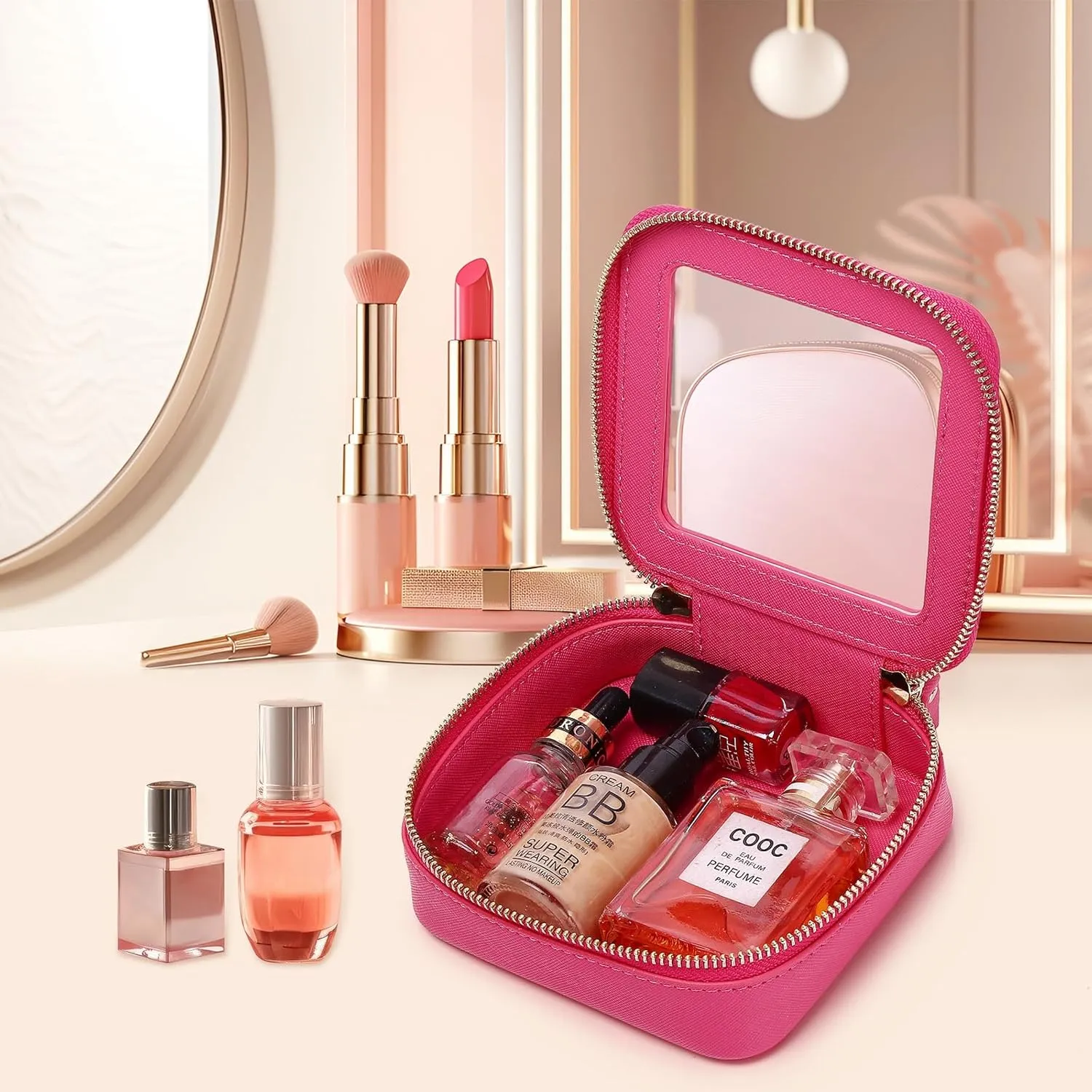 Small Makeup Bag Mini Clear Cosmetic Makeup Case & Toiletry Bag with Zipper Women's Purse Organizer & Car Essentials (X/Fuxia, MINI),