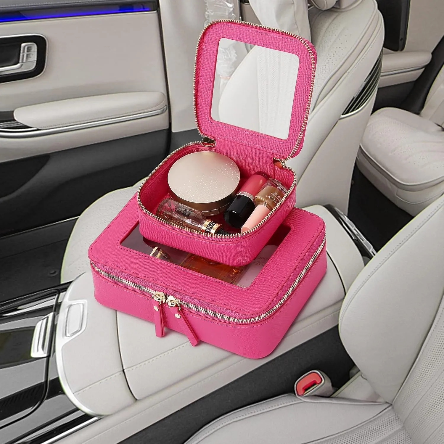 Small Makeup Bag Mini Clear Cosmetic Makeup Case & Toiletry Bag with Zipper Women's Purse Organizer & Car Essentials (X/Fuxia, MINI),