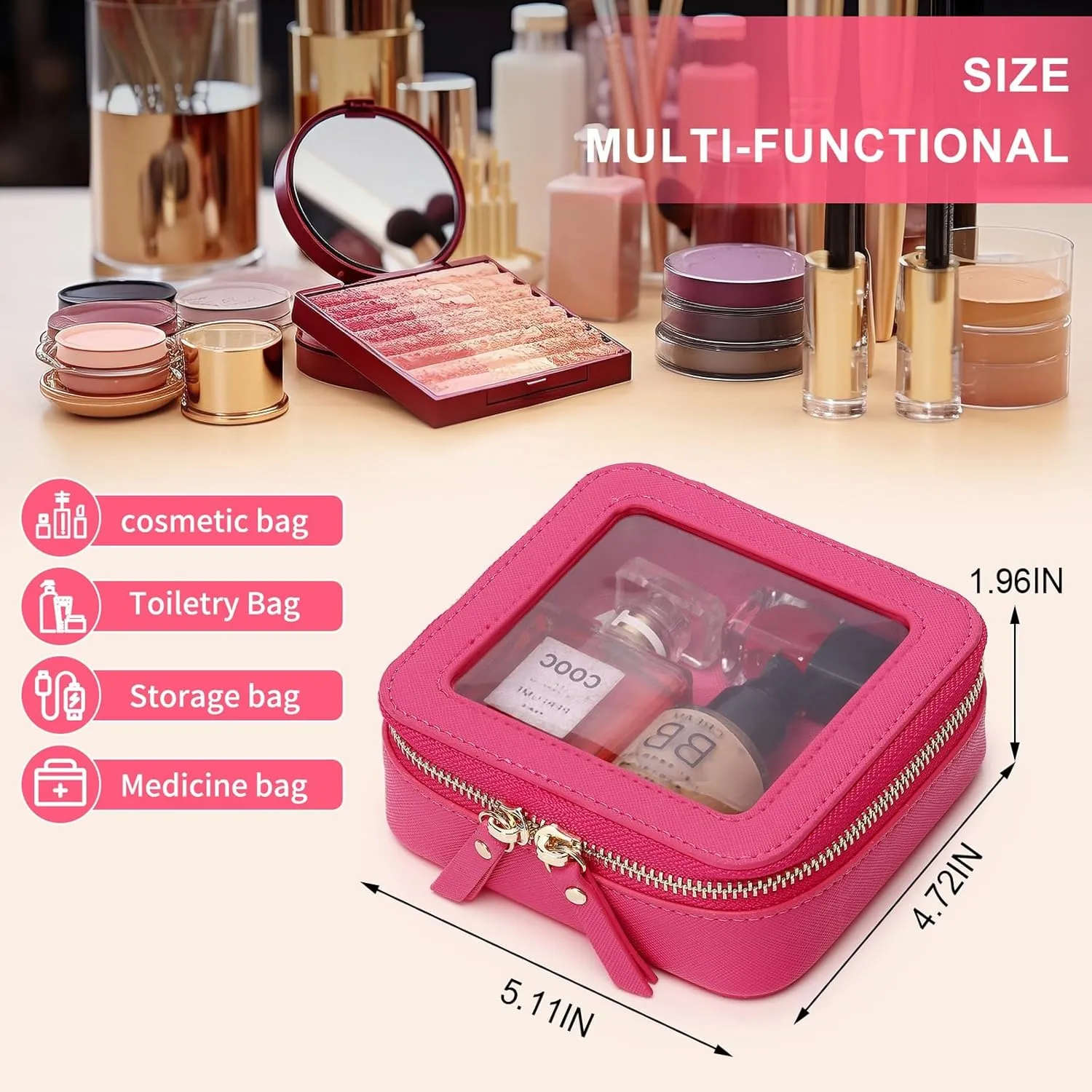 Small Makeup Bag Mini Clear Cosmetic Makeup Case & Toiletry Bag with Zipper Women's Purse Organizer & Car Essentials (X/Fuxia, MINI),