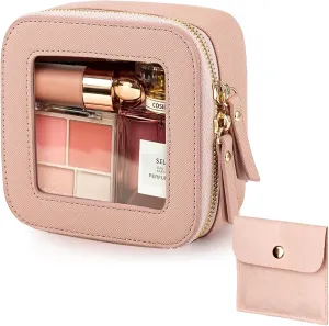 Small Makeup Bag, Portable Travel Toiletry Bags for Women, Waterproof Clear Cosmetic Bags with Velvet Pouch, Make Up Skincare Bag Cosmetic Pouch Teen Girl Gifts Trendy Stuff for Women (Pink)