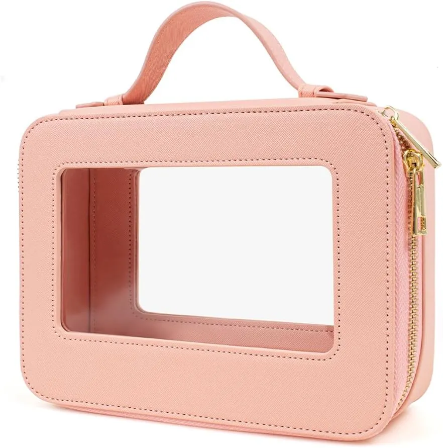Small Makeup Case Organizer Travel Clear Cosmetic Bag for Women TSA Approved Portable Toiletry Bag Multipurpose Leather Makeup Bag Waterproof Leather Make Up Pouch with Zipper