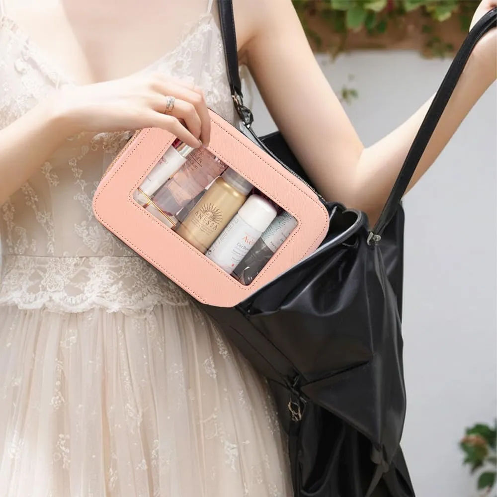Small Makeup Case Organizer Travel Clear Cosmetic Bag for Women TSA Approved Portable Toiletry Bag Multipurpose Leather Makeup Bag Waterproof Leather Make Up Pouch with Zipper
