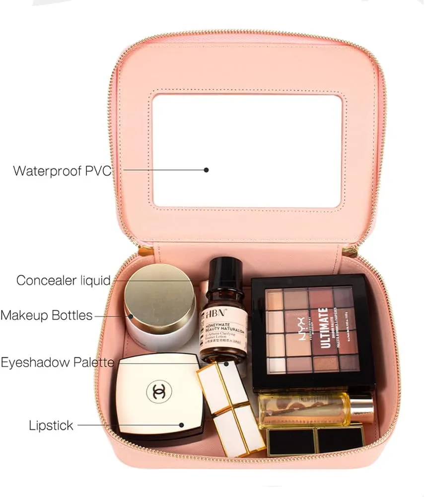 Small Makeup Case Organizer Travel Clear Cosmetic Bag for Women TSA Approved Portable Toiletry Bag Multipurpose Leather Makeup Bag Waterproof Leather Make Up Pouch with Zipper