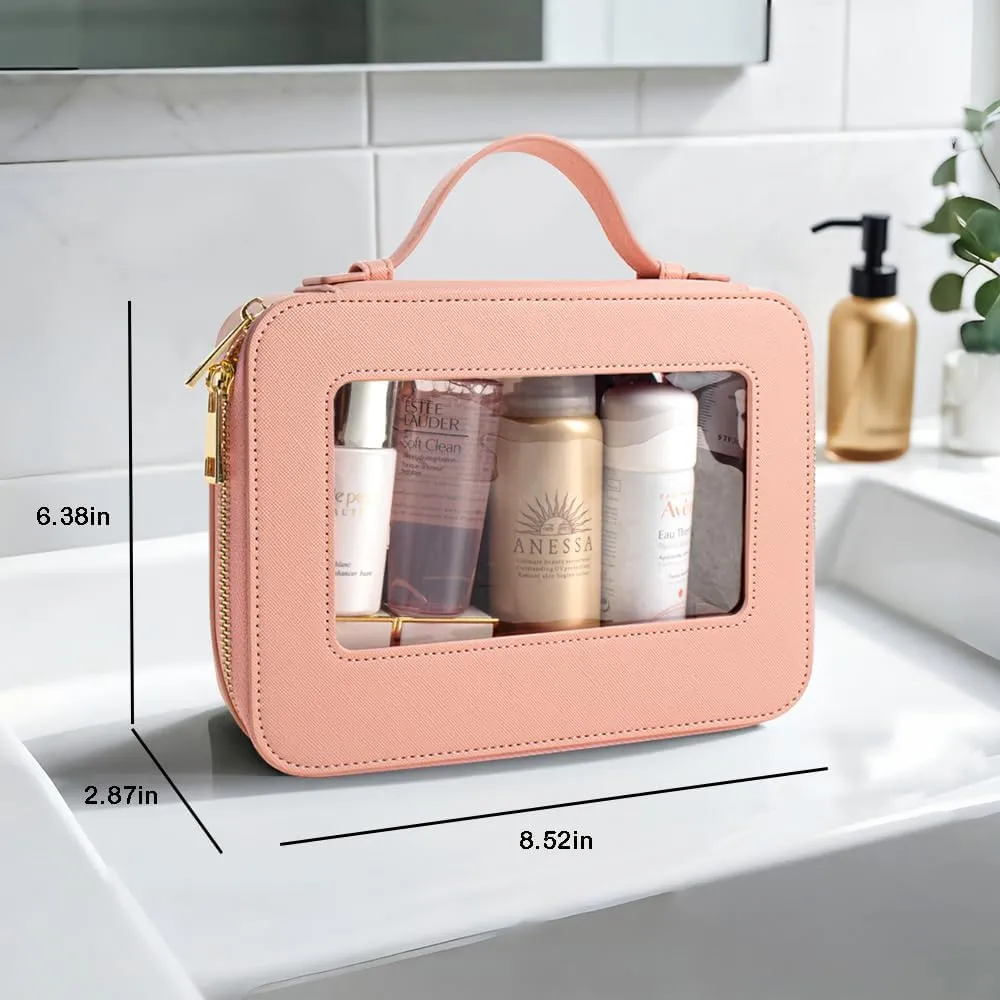 Small Makeup Case Organizer Travel Clear Cosmetic Bag for Women TSA Approved Portable Toiletry Bag Multipurpose Leather Makeup Bag Waterproof Leather Make Up Pouch with Zipper