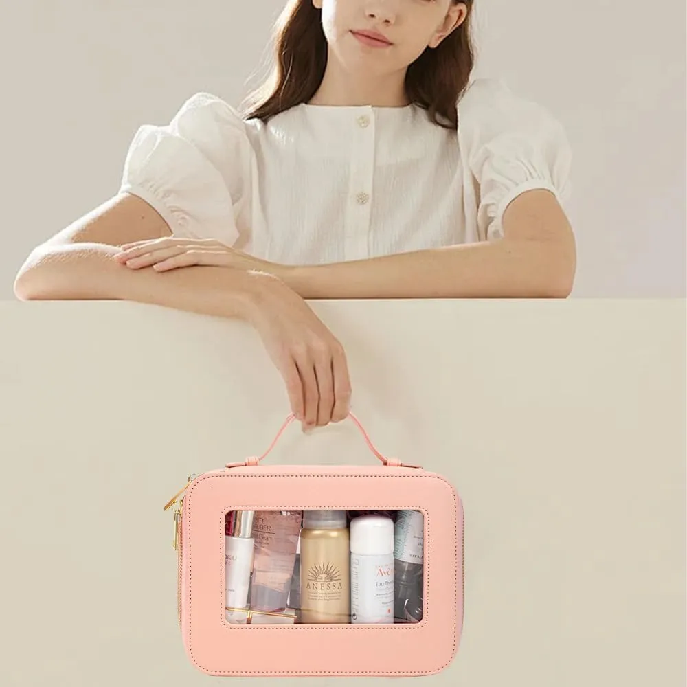 Small Makeup Case Organizer Travel Clear Cosmetic Bag for Women TSA Approved Portable Toiletry Bag Multipurpose Leather Makeup Bag Waterproof Leather Make Up Pouch with Zipper