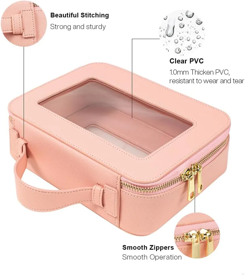 Small Makeup Case Organizer Travel Clear Cosmetic Bag for Women TSA Approved Portable Toiletry Bag Multipurpose Leather Makeup Bag Waterproof Leather Make Up Pouch with Zipper