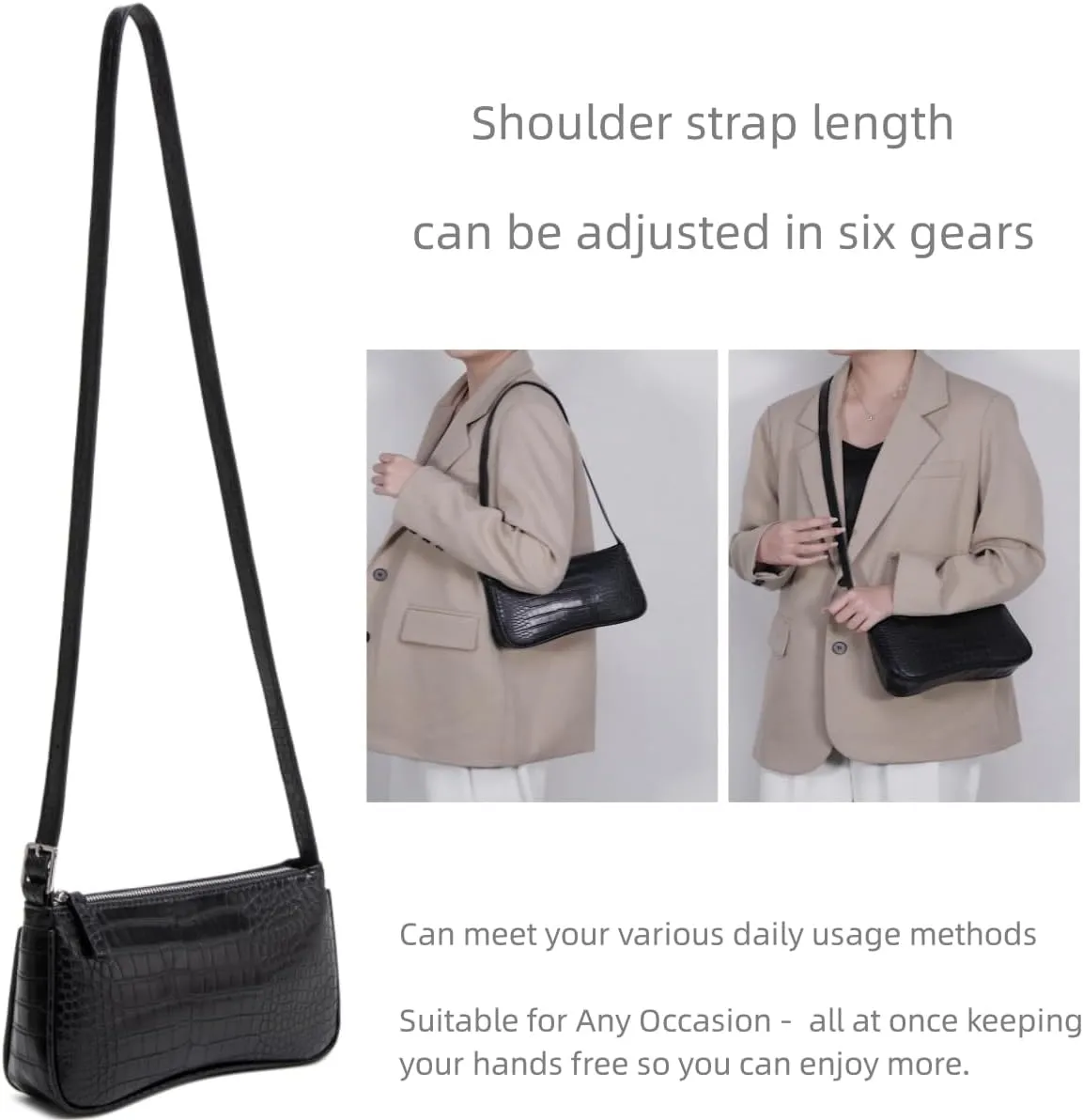 Small Purse for Women, Adjustable Shoulder Bags Crocodile Pattern Clutch Purse with Zipper Closure Retro
