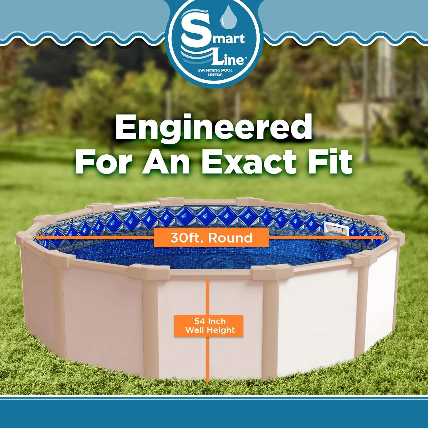 Smartline 30 ft Round Swimming Pool Liner | Crystal Tile | Unibead Style | 54 Inch Wall Height | 25 Gauge Heavy Duty Virgin Vinyl | Designed for Steel Sided Above Ground Pools