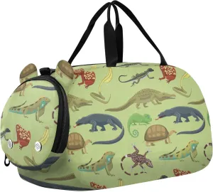 Snakes Lizard Frog and Turtle Animals Pattern Green Sports Duffle Bag for Girls Boys, Gym Bag with Shoe Compartment, Kids Travel Overnight Weekender Shoulder Bag