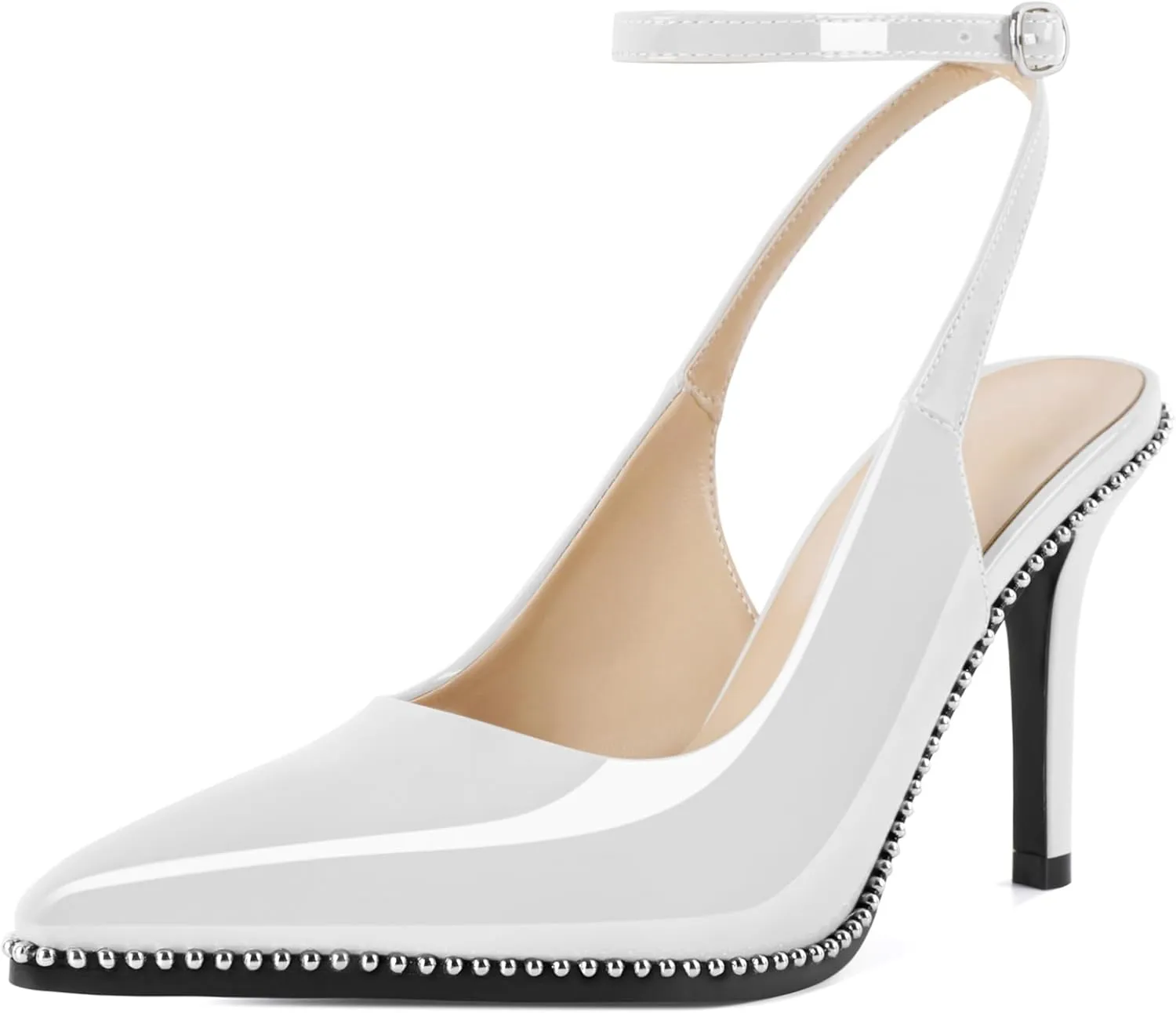 Soireelady Women's Slingback Heels Ankle Strap Pointed Toe Stilettos High Heel Beaded Pumps Dress Shoes 3.5 Inches