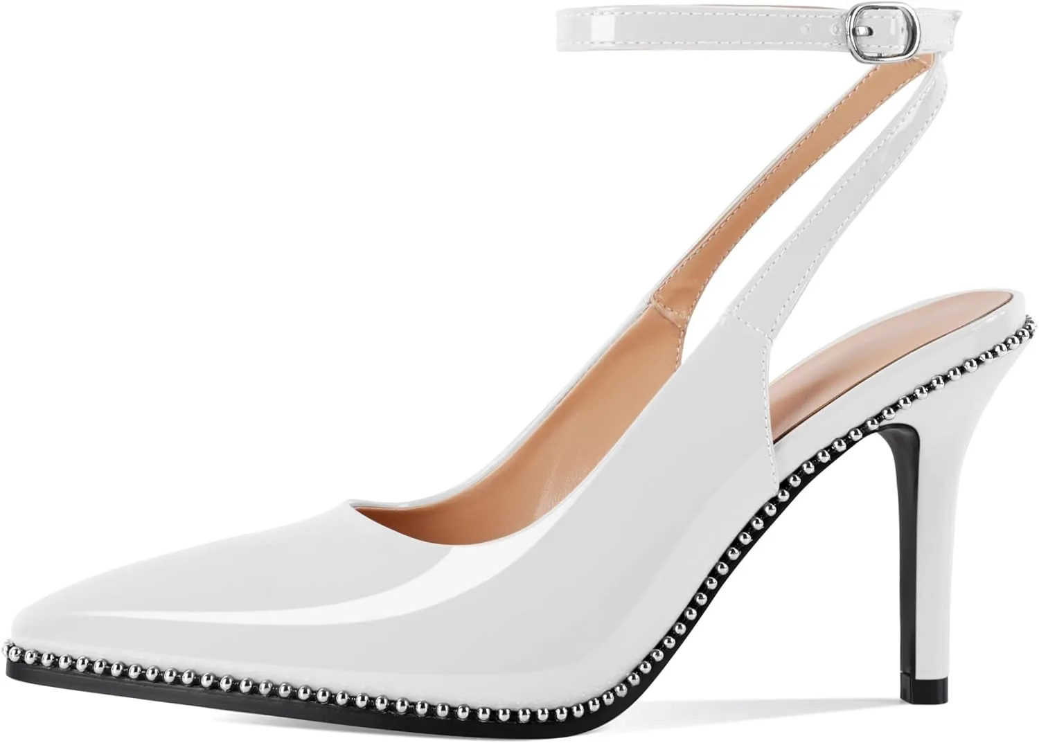 Soireelady Women's Slingback Heels Ankle Strap Pointed Toe Stilettos High Heel Beaded Pumps Dress Shoes 3.5 Inches
