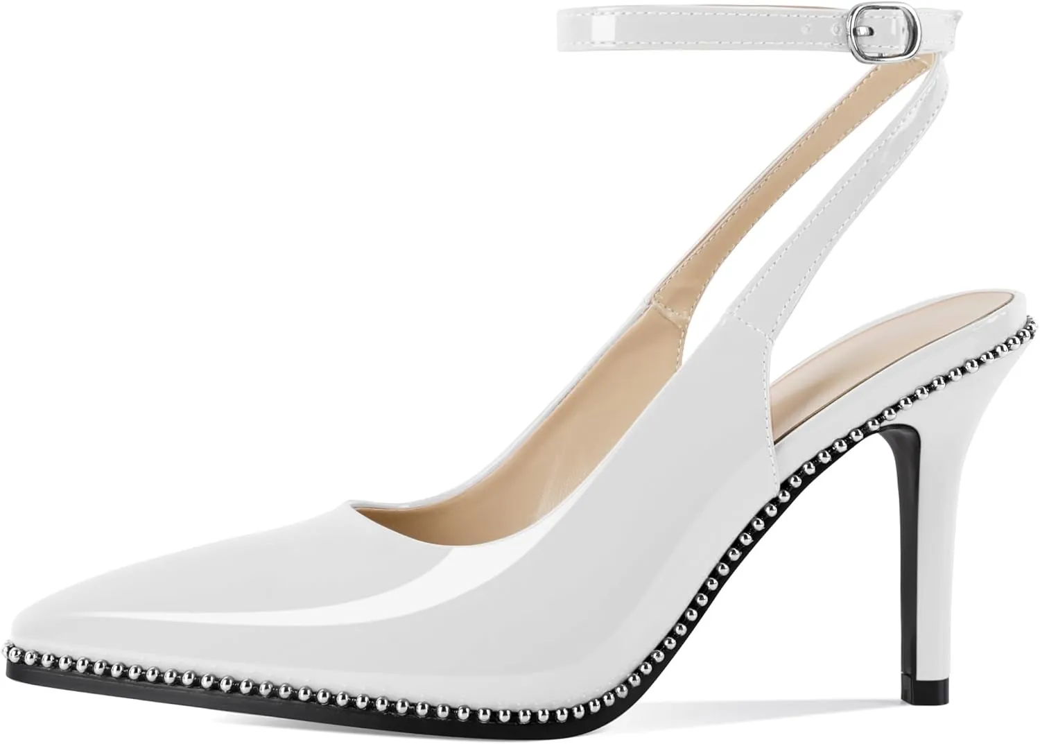 Soireelady Women's Slingback Heels Ankle Strap Pointed Toe Stilettos High Heel Beaded Pumps Dress Shoes 3.5 Inches