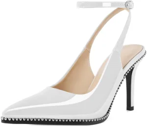 Soireelady Women's Slingback Heels Ankle Strap Pointed Toe Stilettos High Heel Beaded Pumps Dress Shoes 3.5 Inches