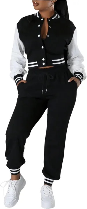 SOLY HUX Women's 2 Piece Sweatsuit Outfits Color Block Long Sleeve Varsity Jacket and Sweatpants Set