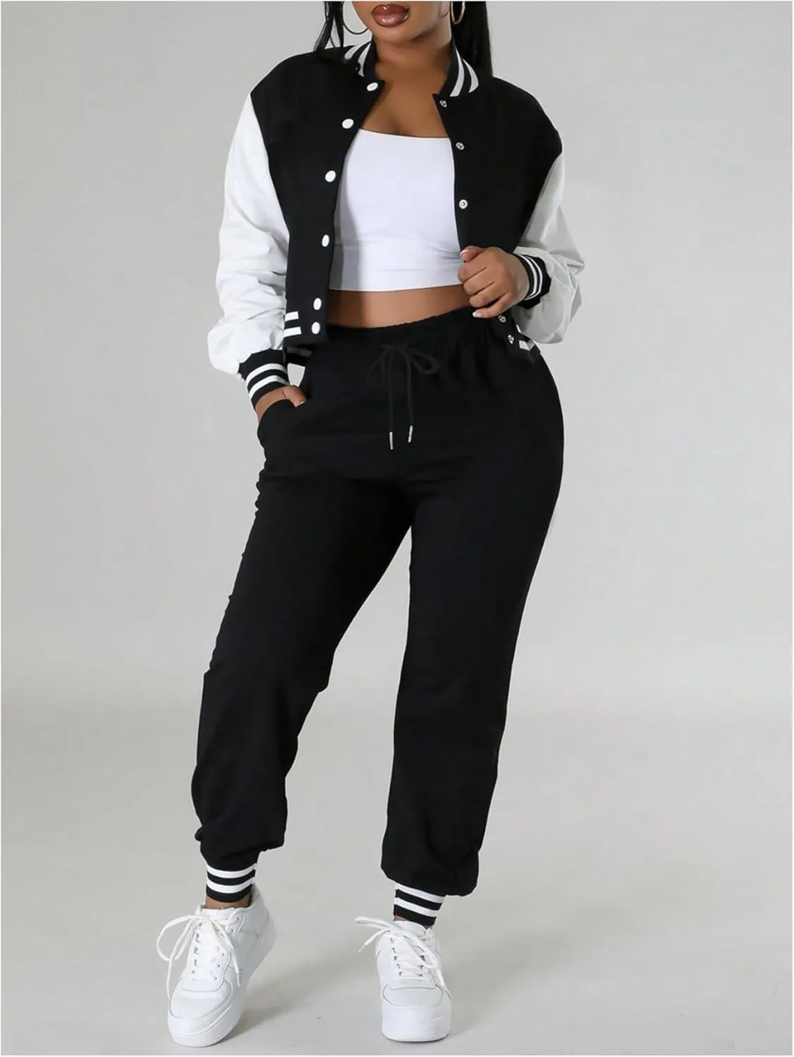SOLY HUX Women's 2 Piece Sweatsuit Outfits Color Block Long Sleeve Varsity Jacket and Sweatpants Set