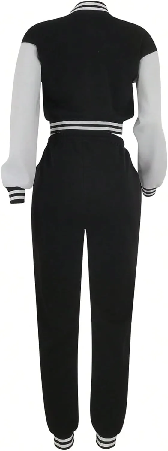 SOLY HUX Women's 2 Piece Sweatsuit Outfits Color Block Long Sleeve Varsity Jacket and Sweatpants Set