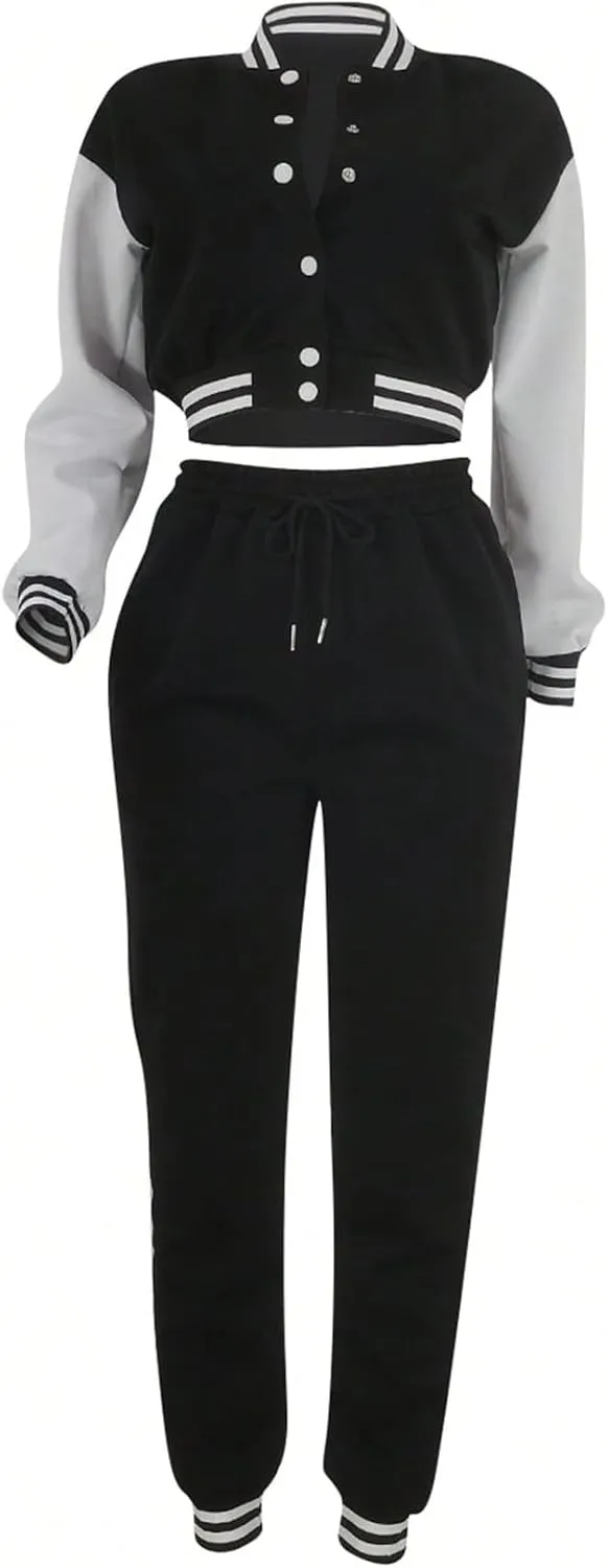 SOLY HUX Women's 2 Piece Sweatsuit Outfits Color Block Long Sleeve Varsity Jacket and Sweatpants Set