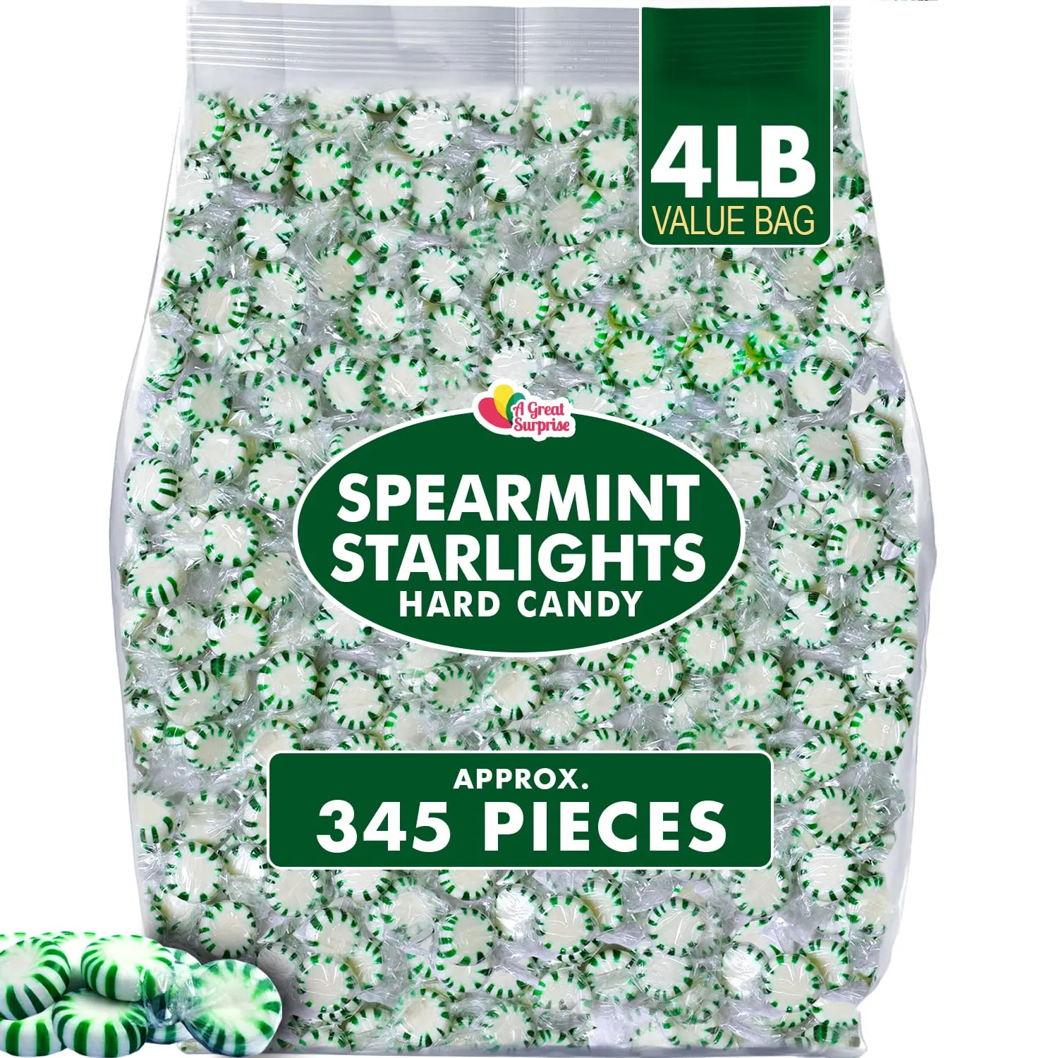 Spearmint Starlight Mints – 4-Pound Bulk Bag - Individually Wrapped - Green and White Hard Candies for Office, Reception